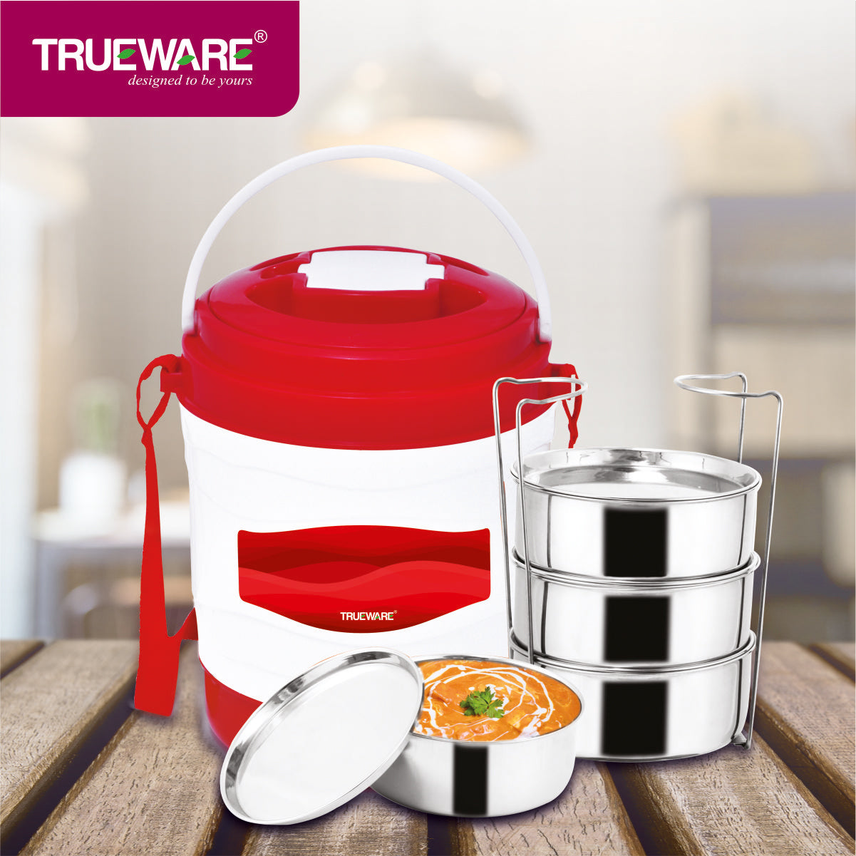 Trueware Marina 4 Lunch Box with 4 Steel Container, 300 ml X 4 Brown