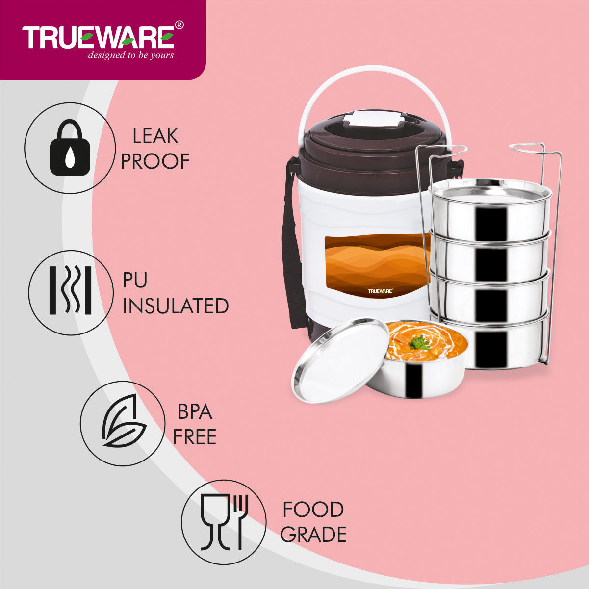 Trueware Marina 5 Lunch Box with 5 Steel Container, 300 ml X 5 Brown