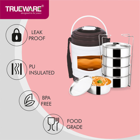 Trueware Marina 5 Lunch Box with 5 Steel Container, 300 ml X 5 Brown