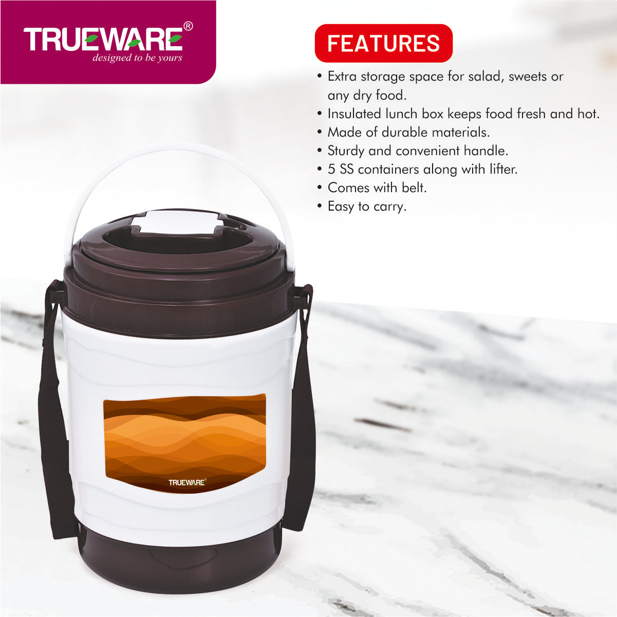 Trueware Marina 5 Lunch Box with 5 Steel Container, 300 ml X 5 Brown