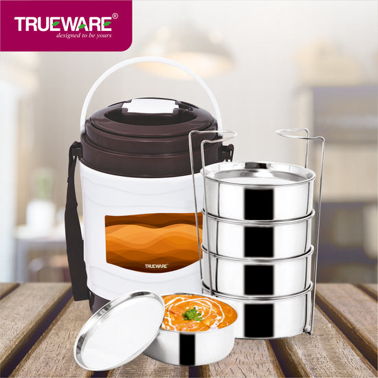 Trueware Marina 5 Lunch Box with 5 Steel Container, 300 ml X 5 Brown