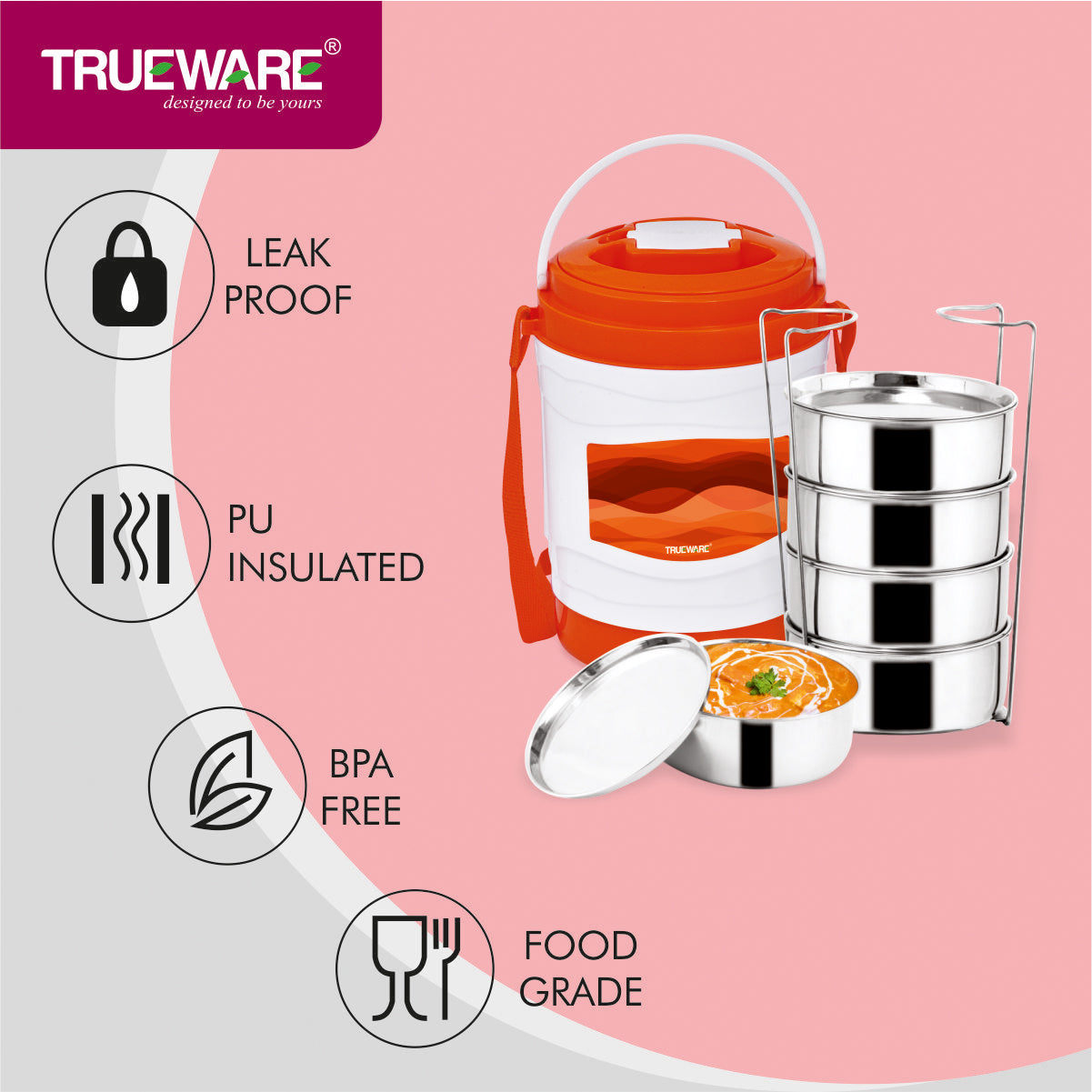 Trueware Marina 5 Lunch Box with 5 Steel Container, 300 ml X 5 Brown
