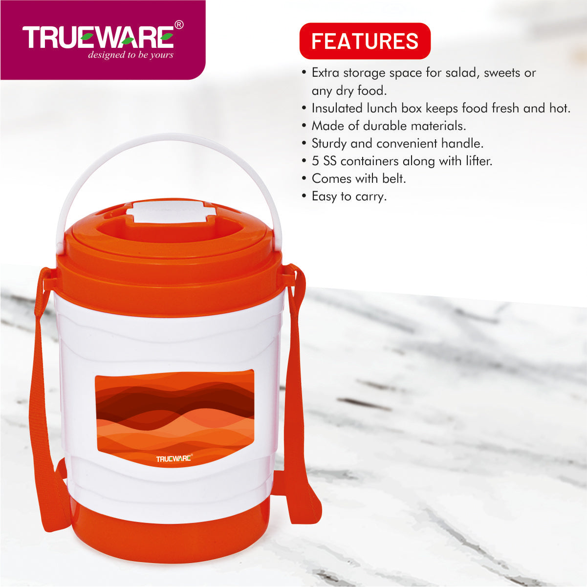 Trueware Marina 5 Lunch Box with 5 Steel Container, 300 ml X 5 Brown