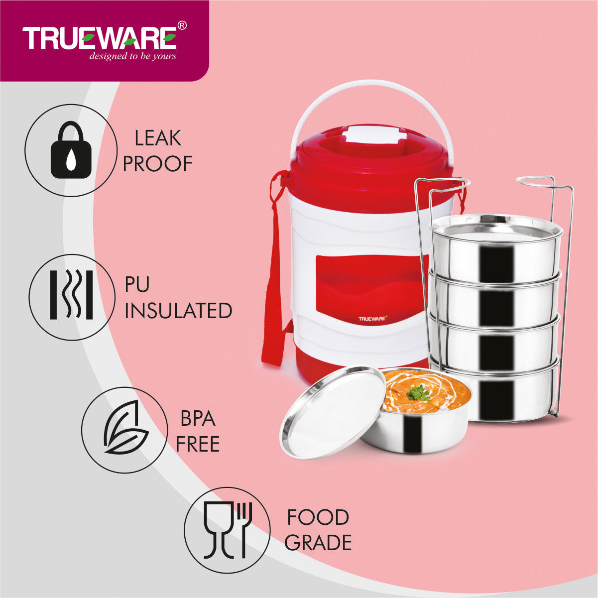 Trueware Marina 5 Lunch Box with 5 Steel Container, 300 ml X 5 Brown