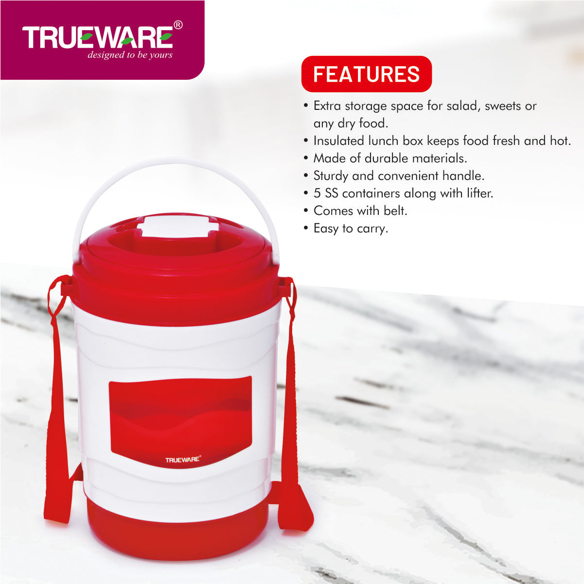 Trueware Marina 5 Lunch Box with 5 Steel Container, 300 ml X 5 Brown