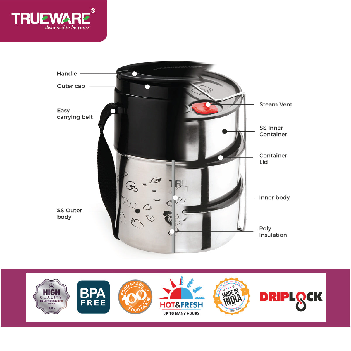 Trueware Steelex 3 Lunch Box with 3 Stainless Steel Container,300ml X3