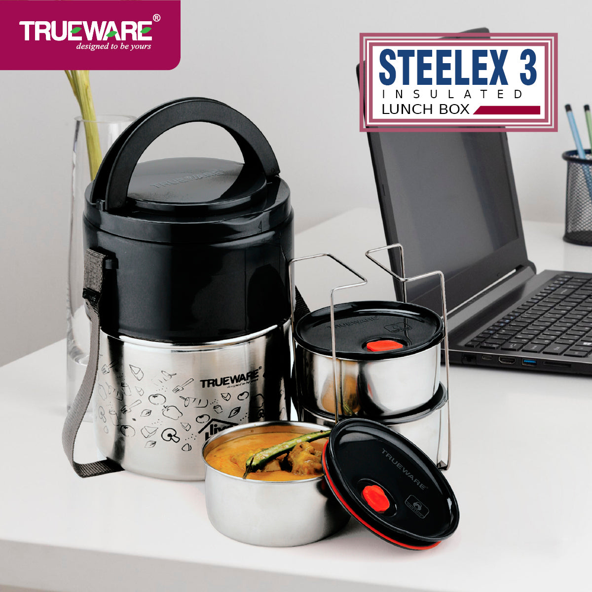 Trueware Steelex 3 Lunch Box with 3 Stainless Steel Container,300ml X3