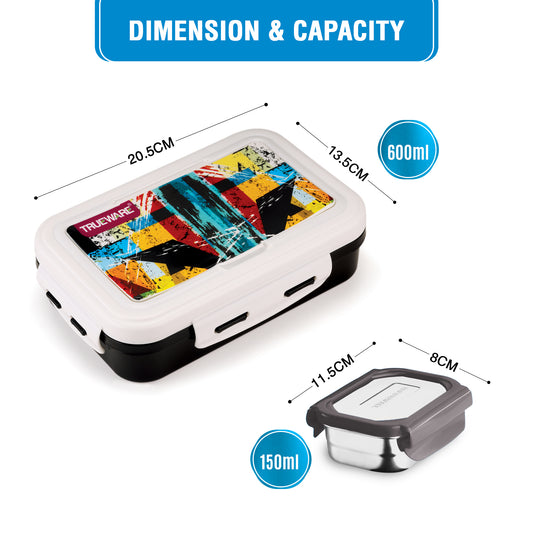 Trueware POKO Mint Junior Steel Lee Pu Insulated Hot Lunch Box 600ML Big Container and 150 ML Veggie Container