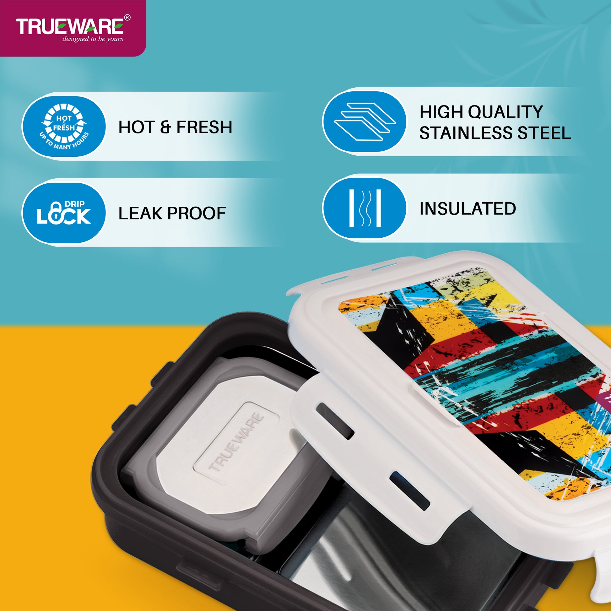 Trueware POKO Mint Junior Steel Lee Pu Insulated Hot Lunch Box 600ML Big Container and 150 ML Veggie Container