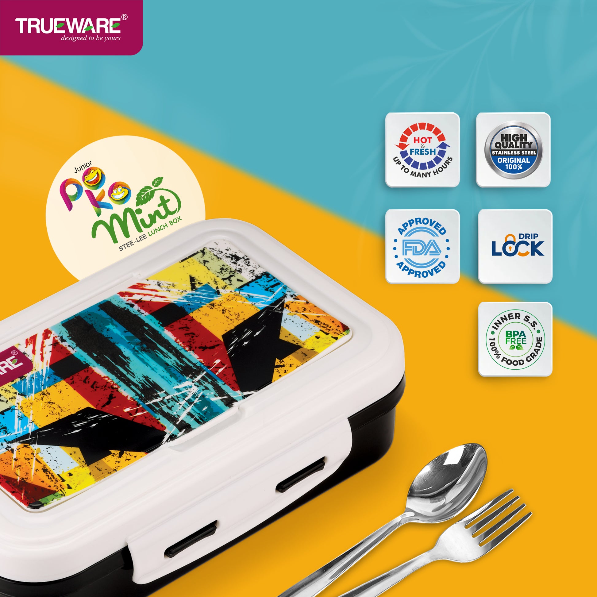Trueware POKO Mint Junior Steel Lee Pu Insulated Hot Lunch Box 600ML Big Container and 150 ML Veggie Container