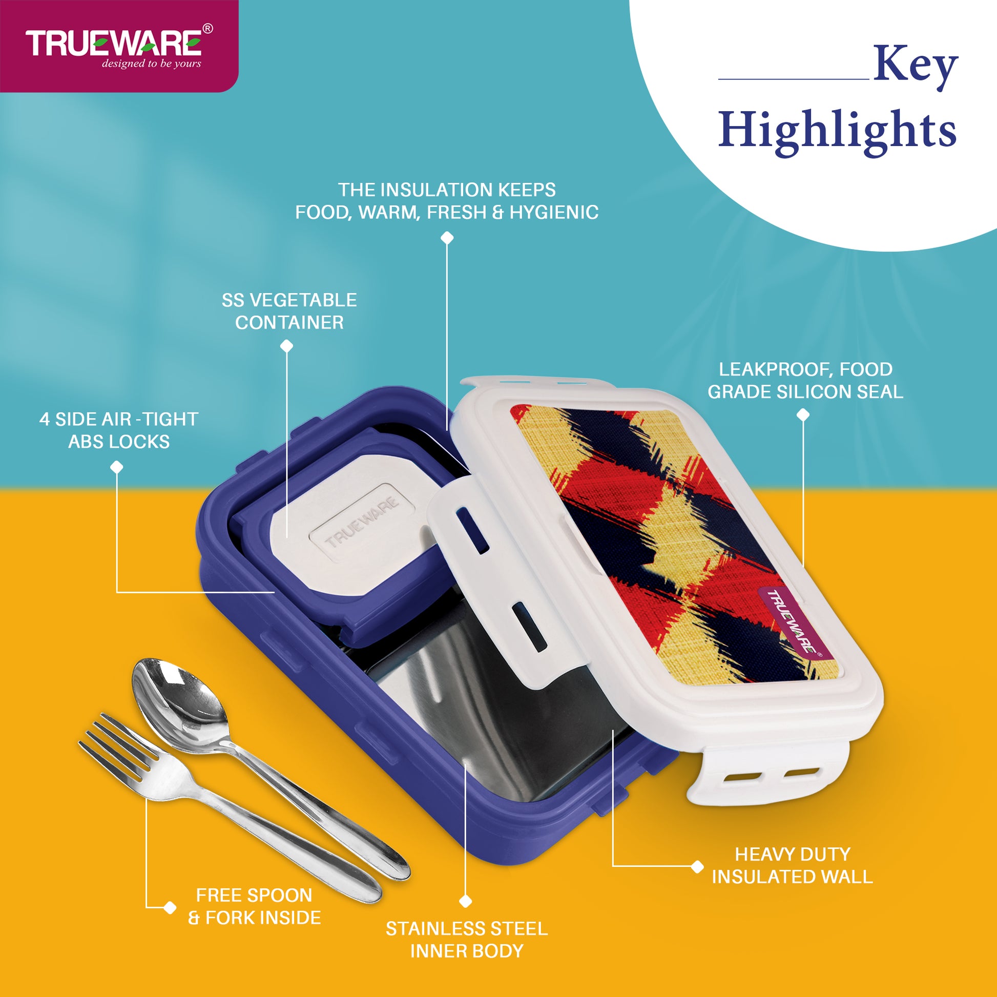 Trueware POKO Mint Junior Steel Lee Pu Insulated Hot Lunch Box 600ML Big Container and 150 ML Veggie Container