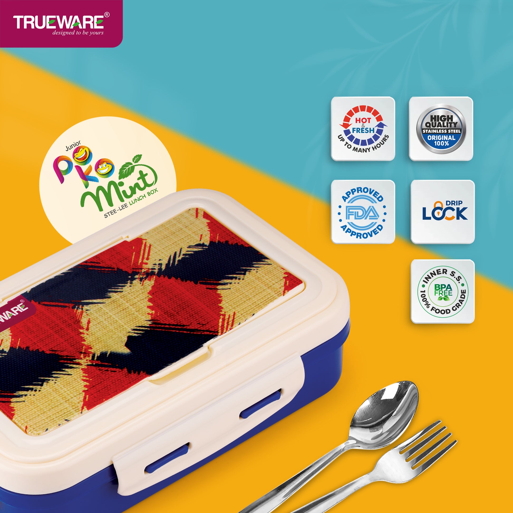 Trueware POKO Mint Junior Steel Lee Pu Insulated Hot Lunch Box 600ML Big Container and 150 ML Veggie Container
