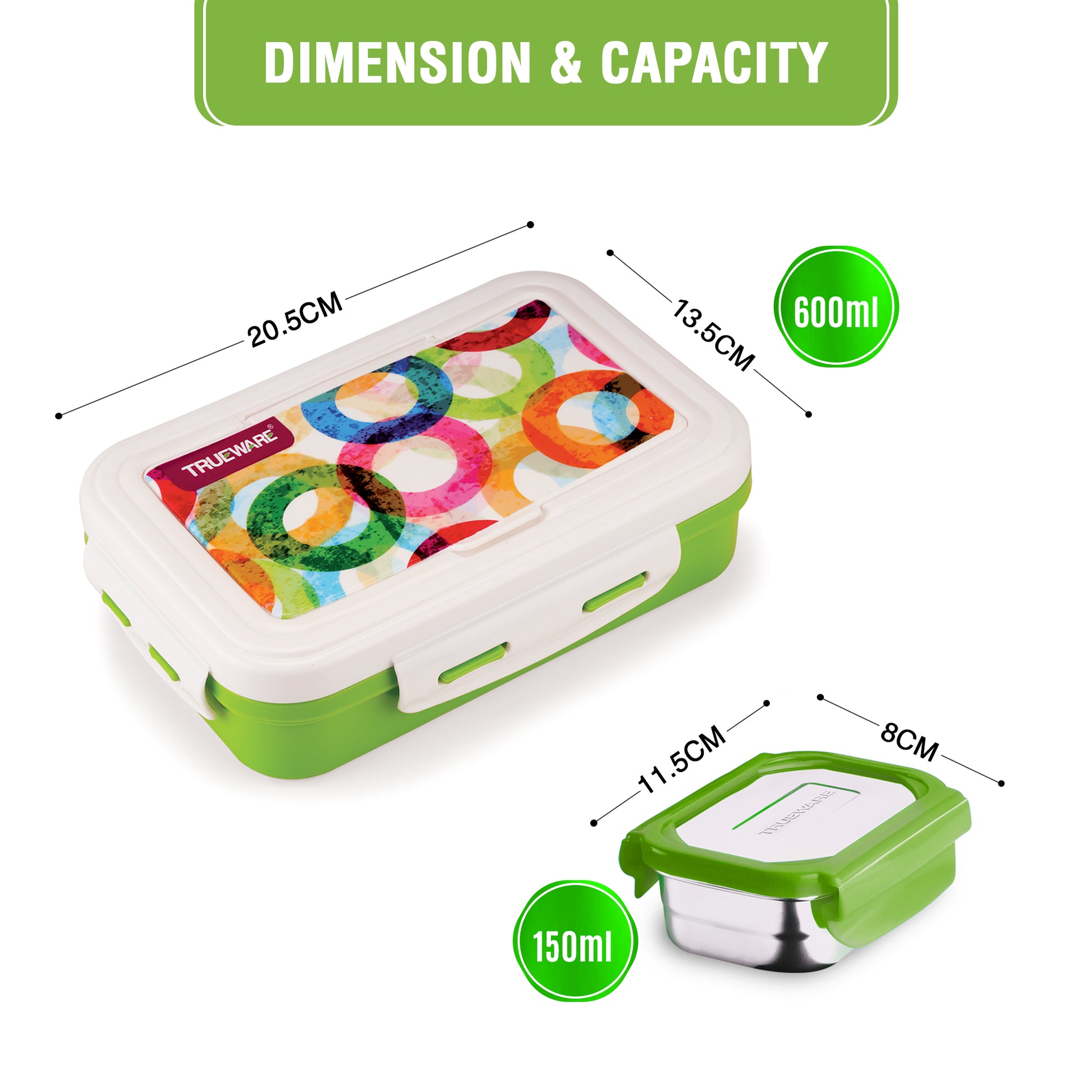 Trueware POKO Mint Junior Steel Lee Pu Insulated Hot Lunch Box 600ML Big Container and 150 ML Veggie Container
