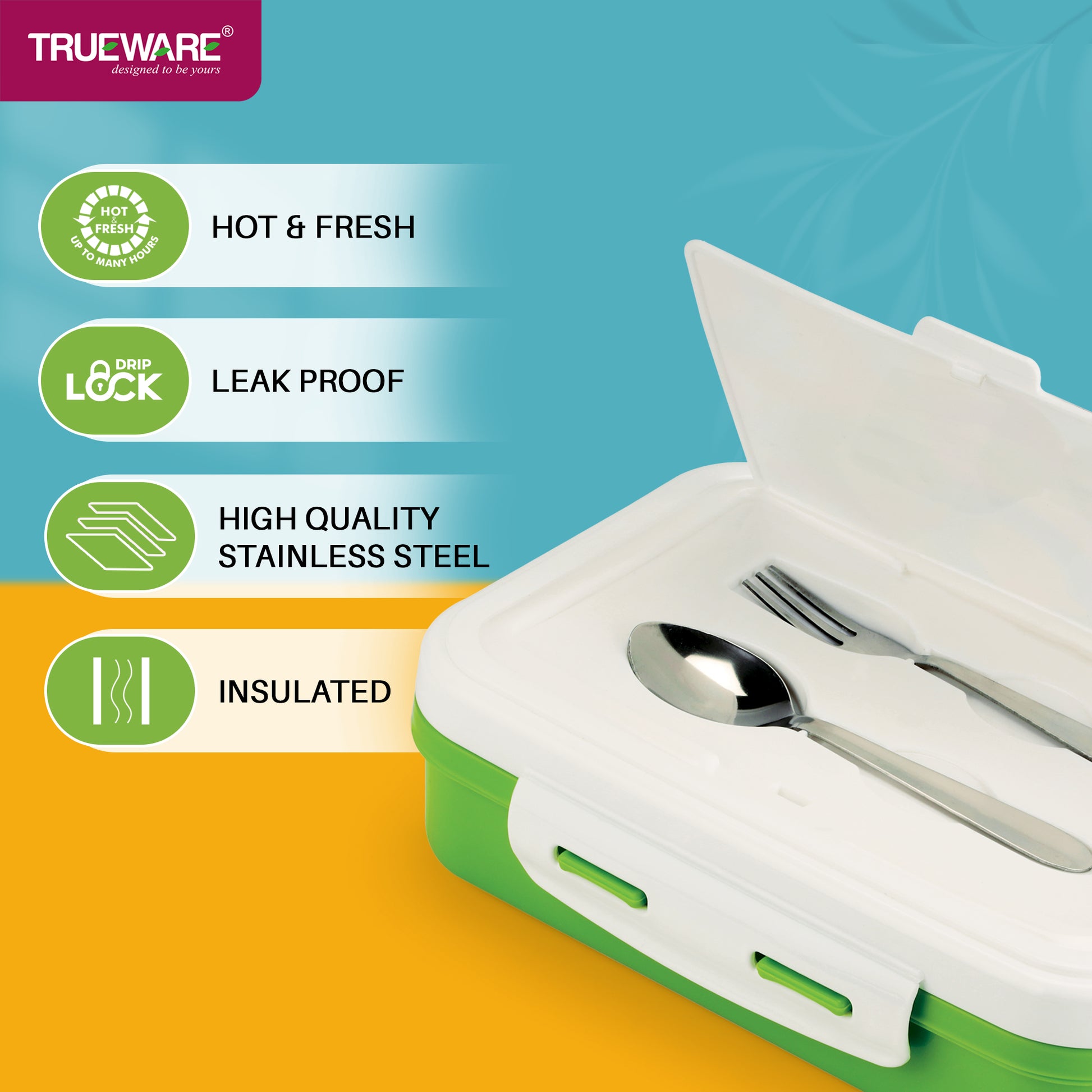 Trueware POKO Mint Junior Steel Lee Pu Insulated Hot Lunch Box 600ML Big Container and 150 ML Veggie Container