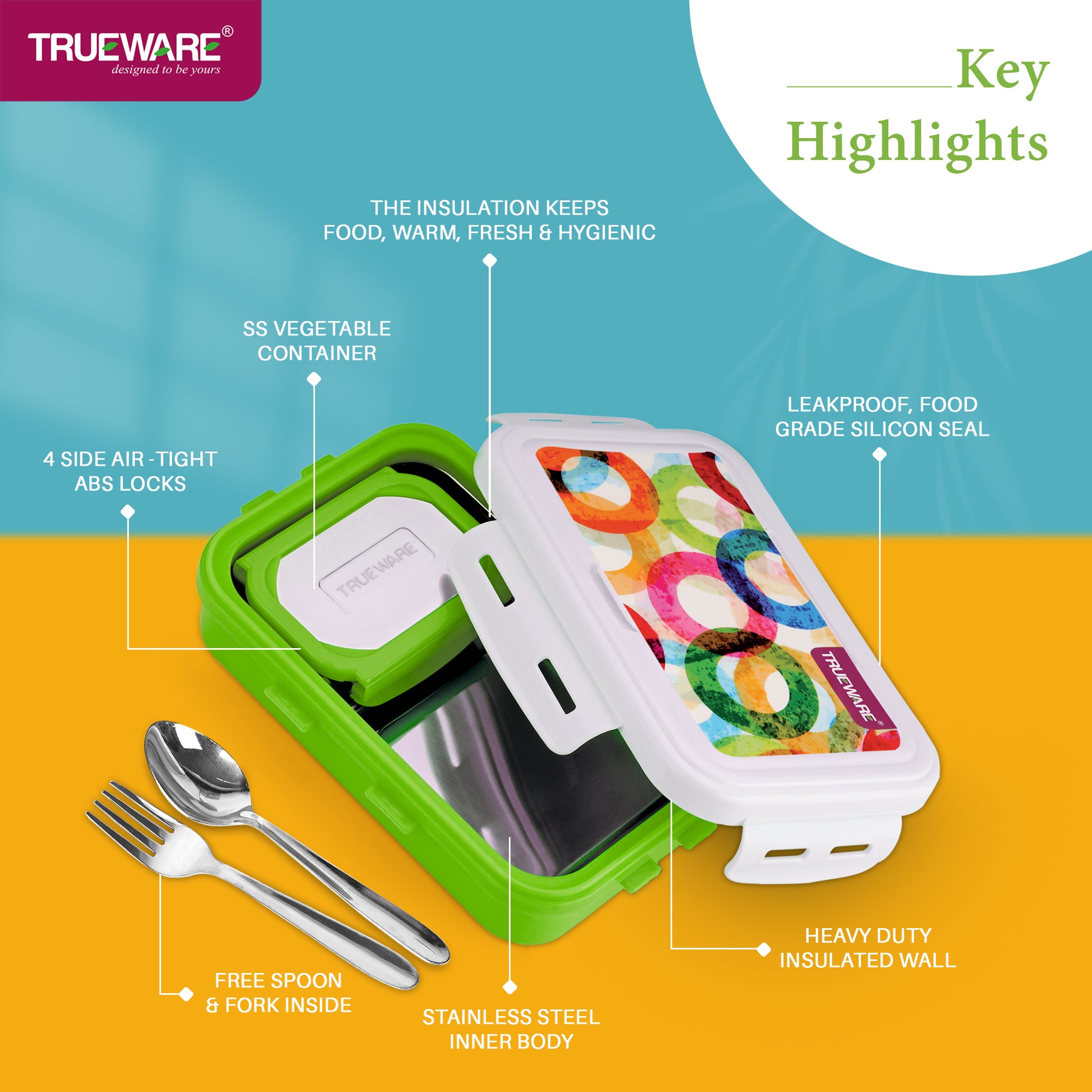 Trueware POKO Mint Junior Steel Lee Pu Insulated Hot Lunch Box 600ML Big Container and 150 ML Veggie Container