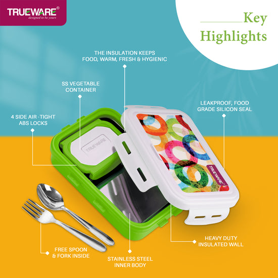 Trueware POKO Mint Junior Steel Lee Pu Insulated Hot Lunch Box 600ML Big Container and 150 ML Veggie Container