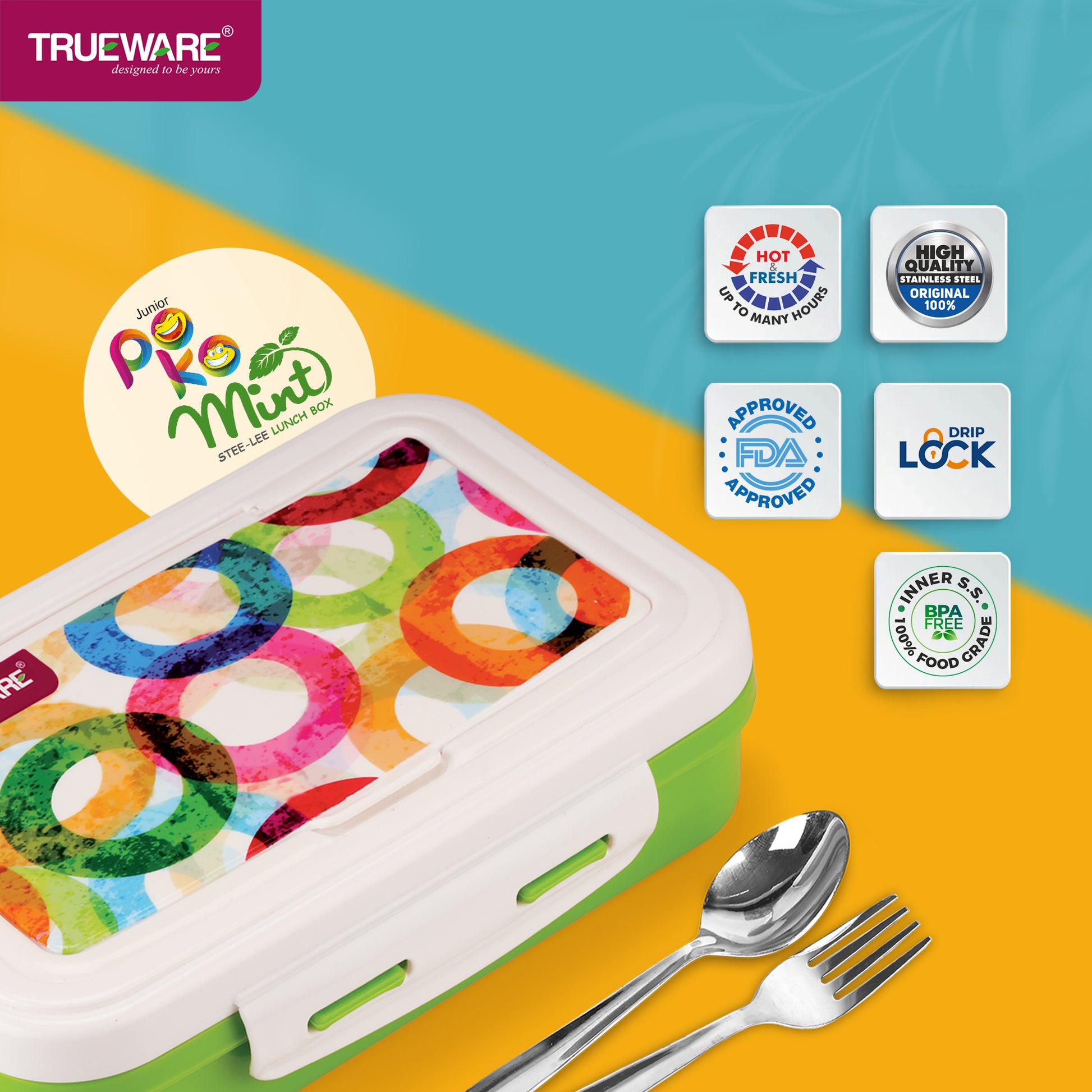 Trueware POKO Mint Junior Steel Lee Pu Insulated Hot Lunch Box 600ML Big Container and 150 ML Veggie Container