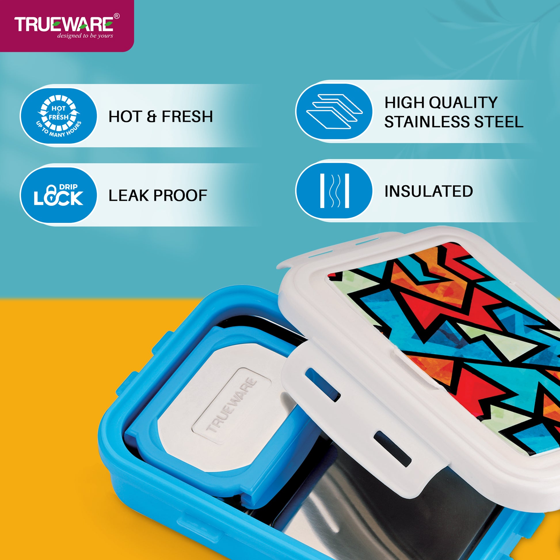 Trueware POKO Mint Junior Steel Lee Pu Insulated Hot Lunch Box 600ML Big Container and 150 ML Veggie Container