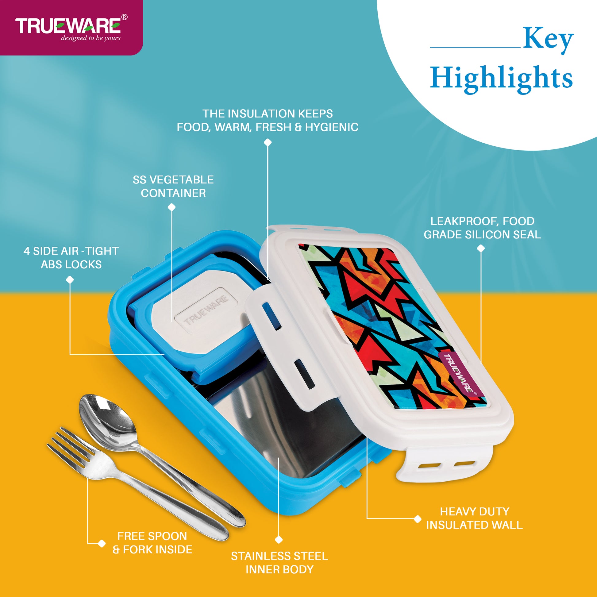 Trueware POKO Mint Junior Steel Lee Pu Insulated Hot Lunch Box 600ML Big Container and 150 ML Veggie Container