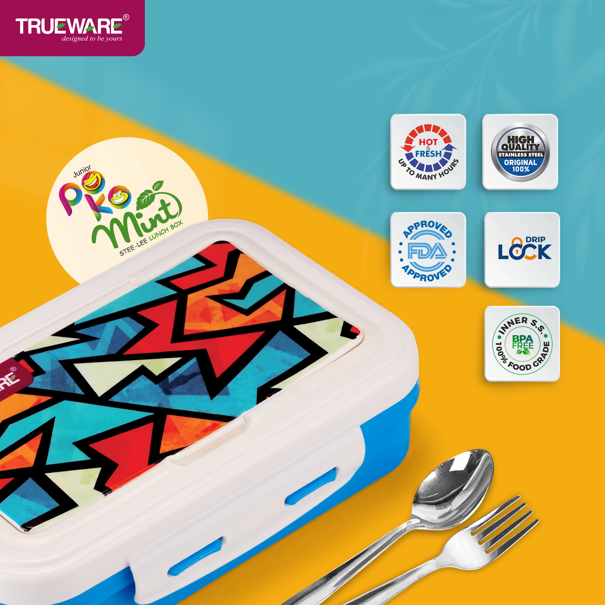 Trueware POKO Mint Junior Steel Lee Pu Insulated Hot Lunch Box 600ML Big Container and 150 ML Veggie Container