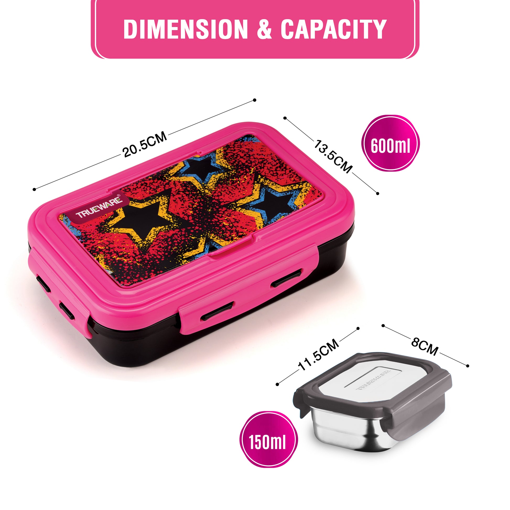 Trueware POKO Mint Junior Steel Lee Pu Insulated Hot Lunch Box 600ML Big Container and 150 ML Veggie Container