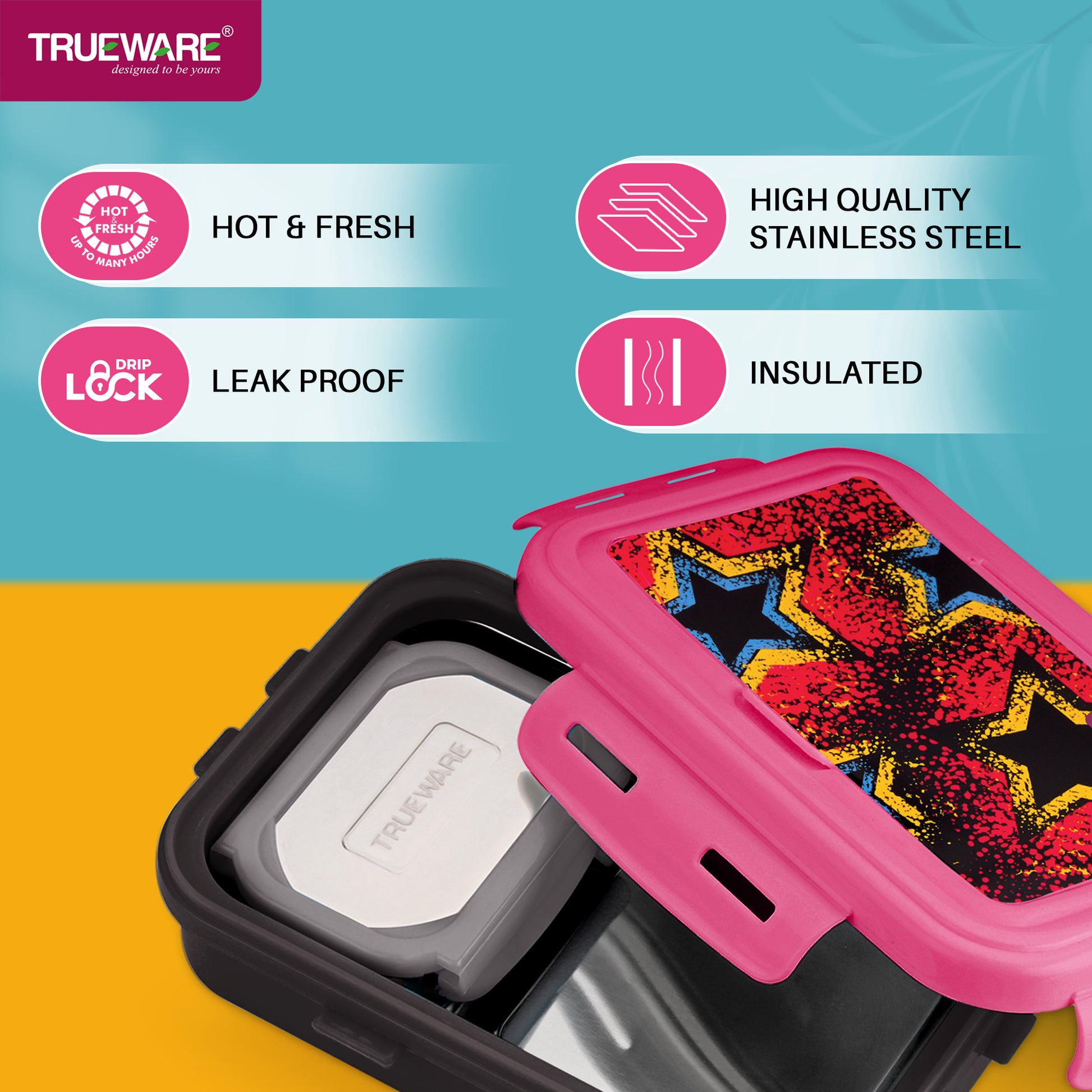 Trueware POKO Mint Junior Steel Lee Pu Insulated Hot Lunch Box 600ML Big Container and 150 ML Veggie Container
