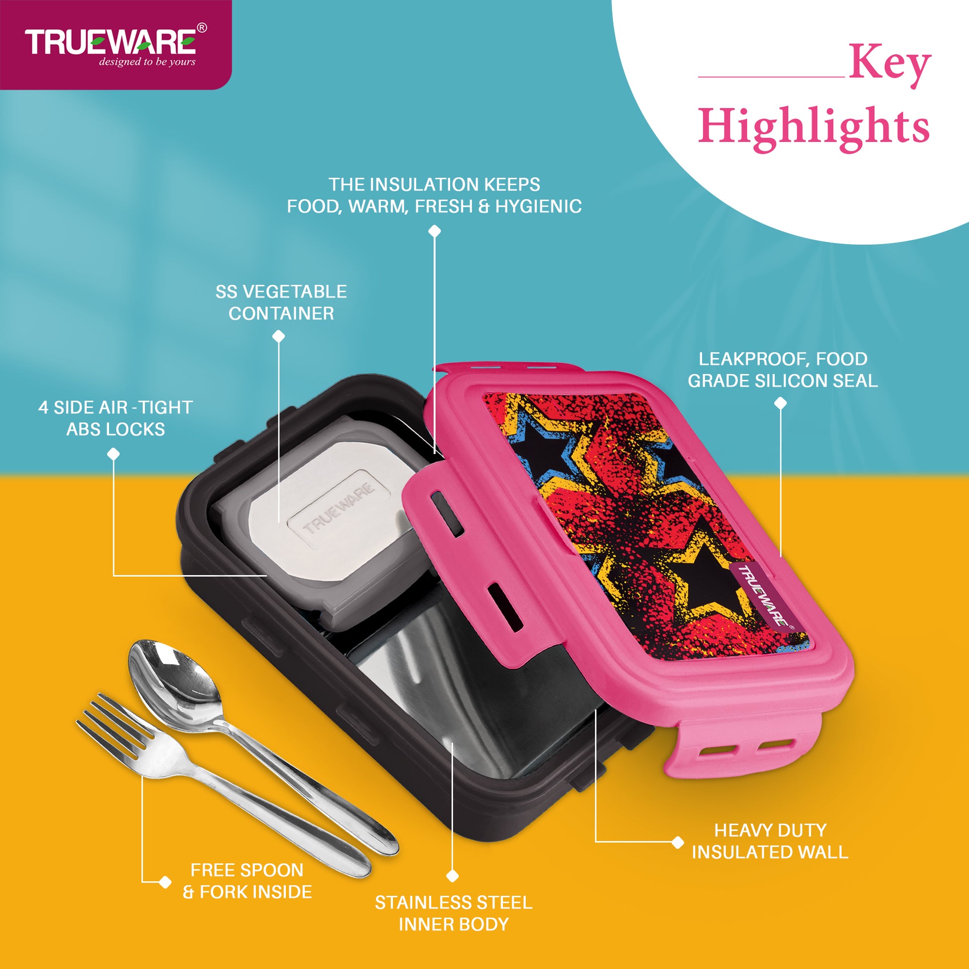 Trueware POKO Mint Junior Steel Lee Pu Insulated Hot Lunch Box 600ML Big Container and 150 ML Veggie Container