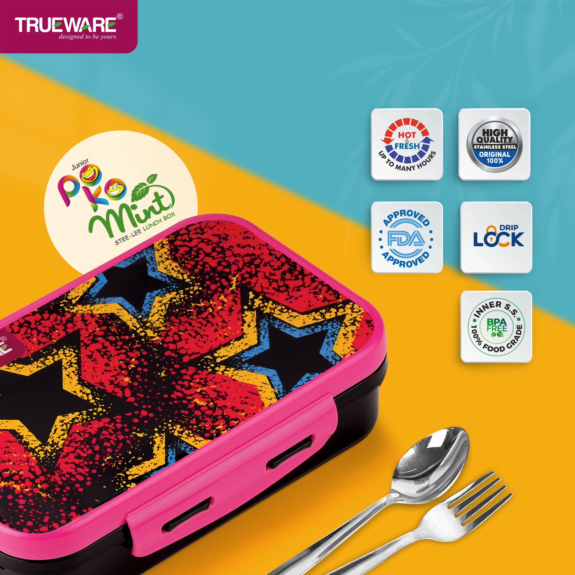 Trueware POKO Mint Junior Steel Lee Pu Insulated Hot Lunch Box 600ML Big Container and 150 ML Veggie Container