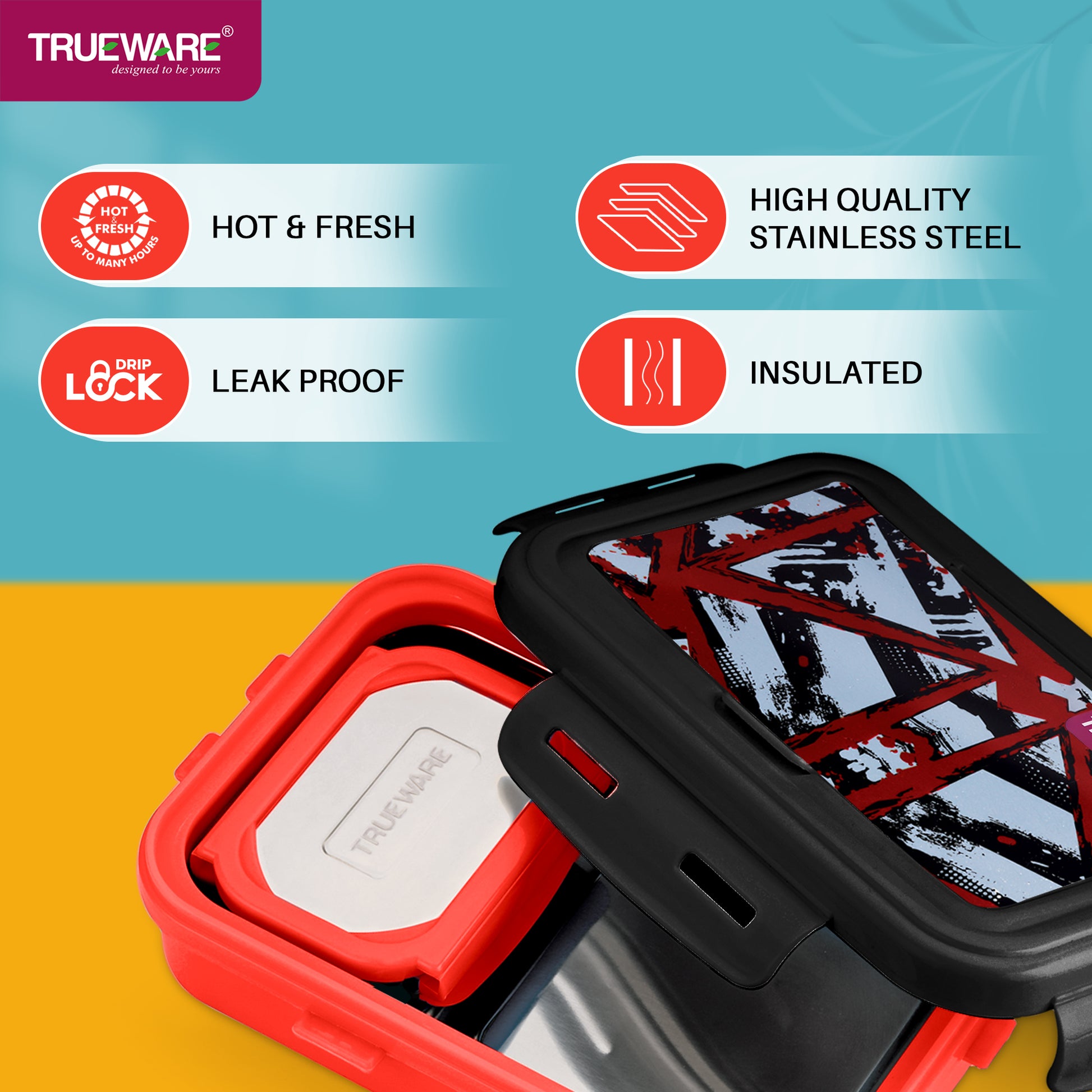 Trueware POKO Mint Junior Steel Lee Pu Insulated Hot Lunch Box 600ML Big Container and 150 ML Veggie Container