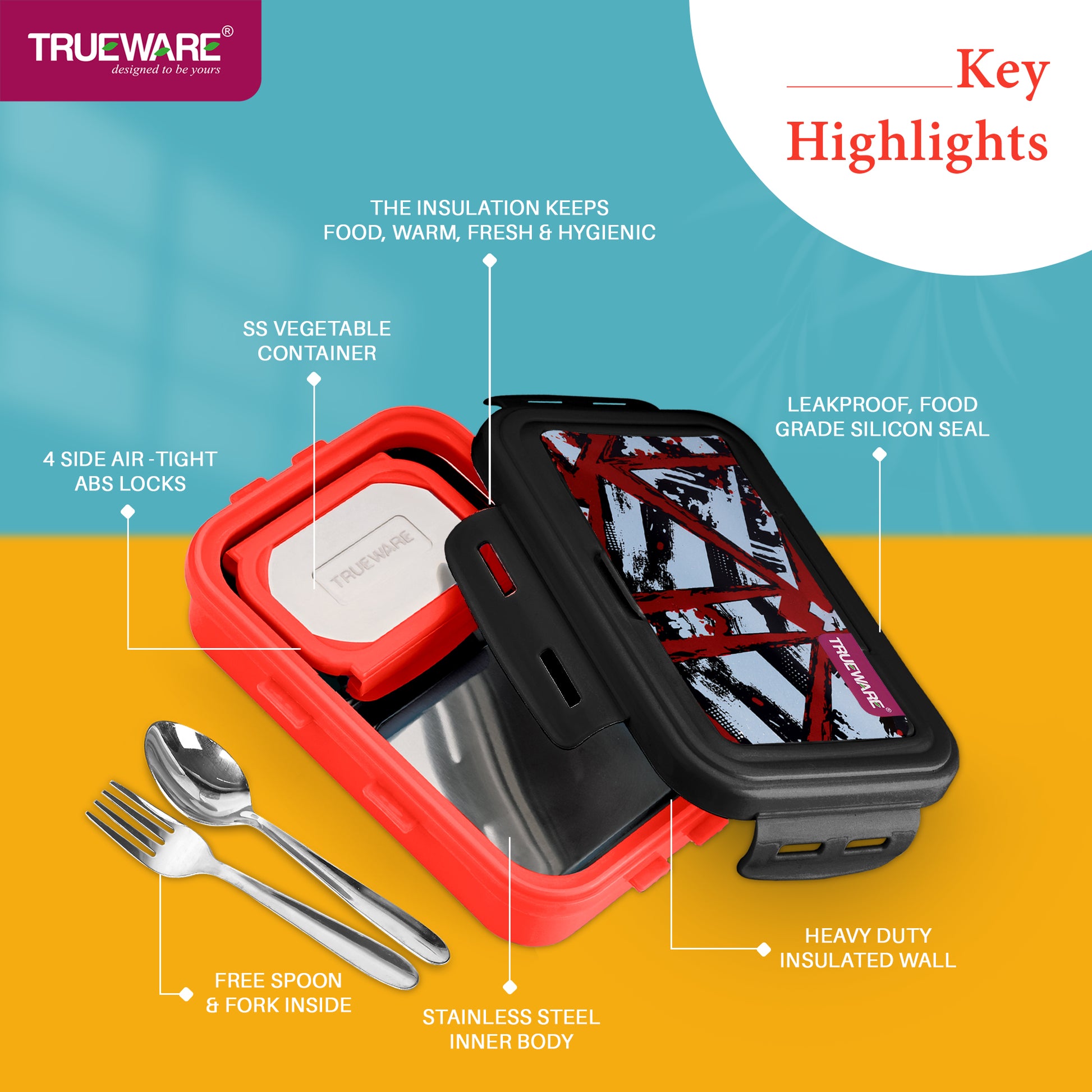 Trueware POKO Mint Junior Steel Lee Pu Insulated Hot Lunch Box 600ML Big Container and 150 ML Veggie Container