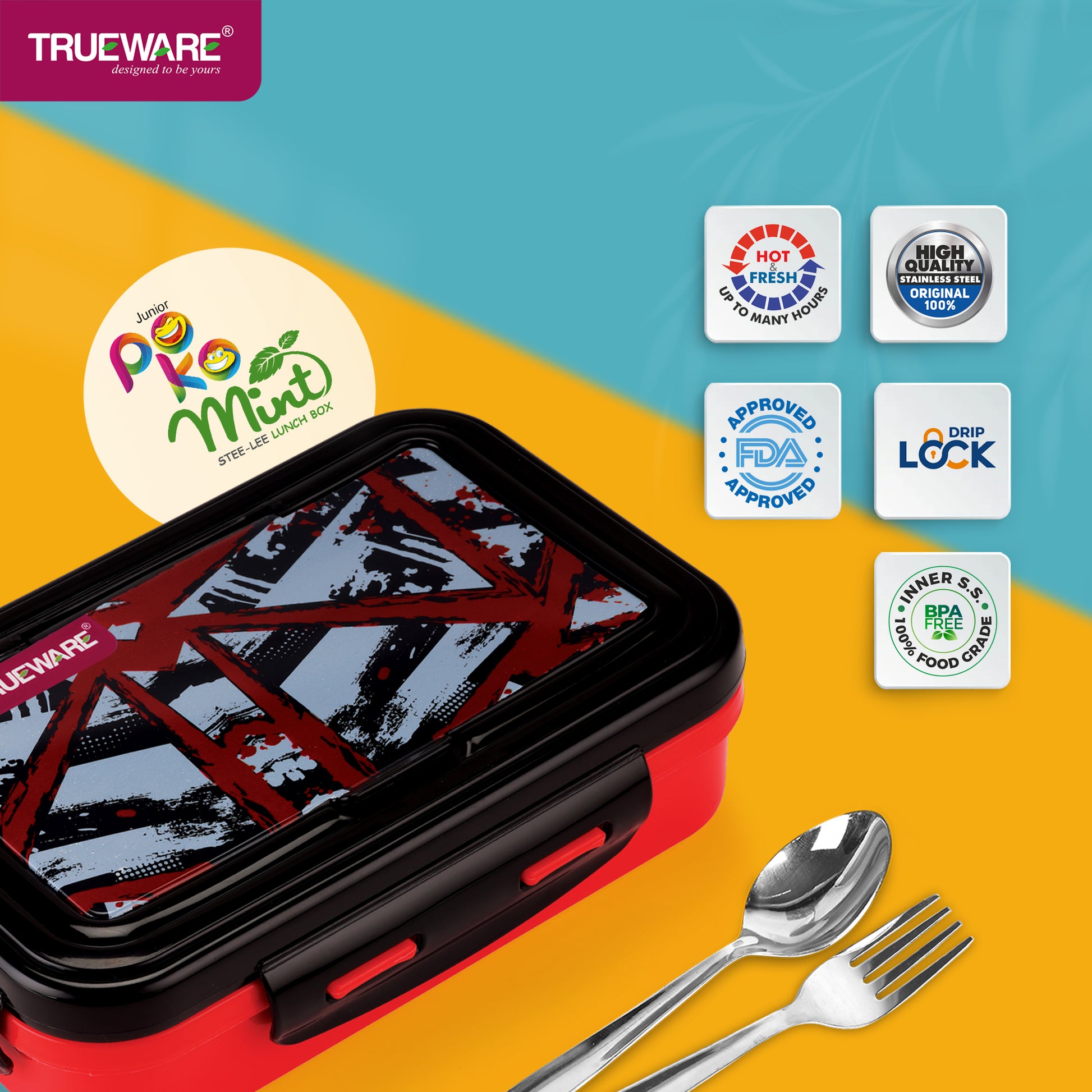 Trueware POKO Mint Junior Steel Lee Pu Insulated Hot Lunch Box 600ML Big Container and 150 ML Veggie Container
