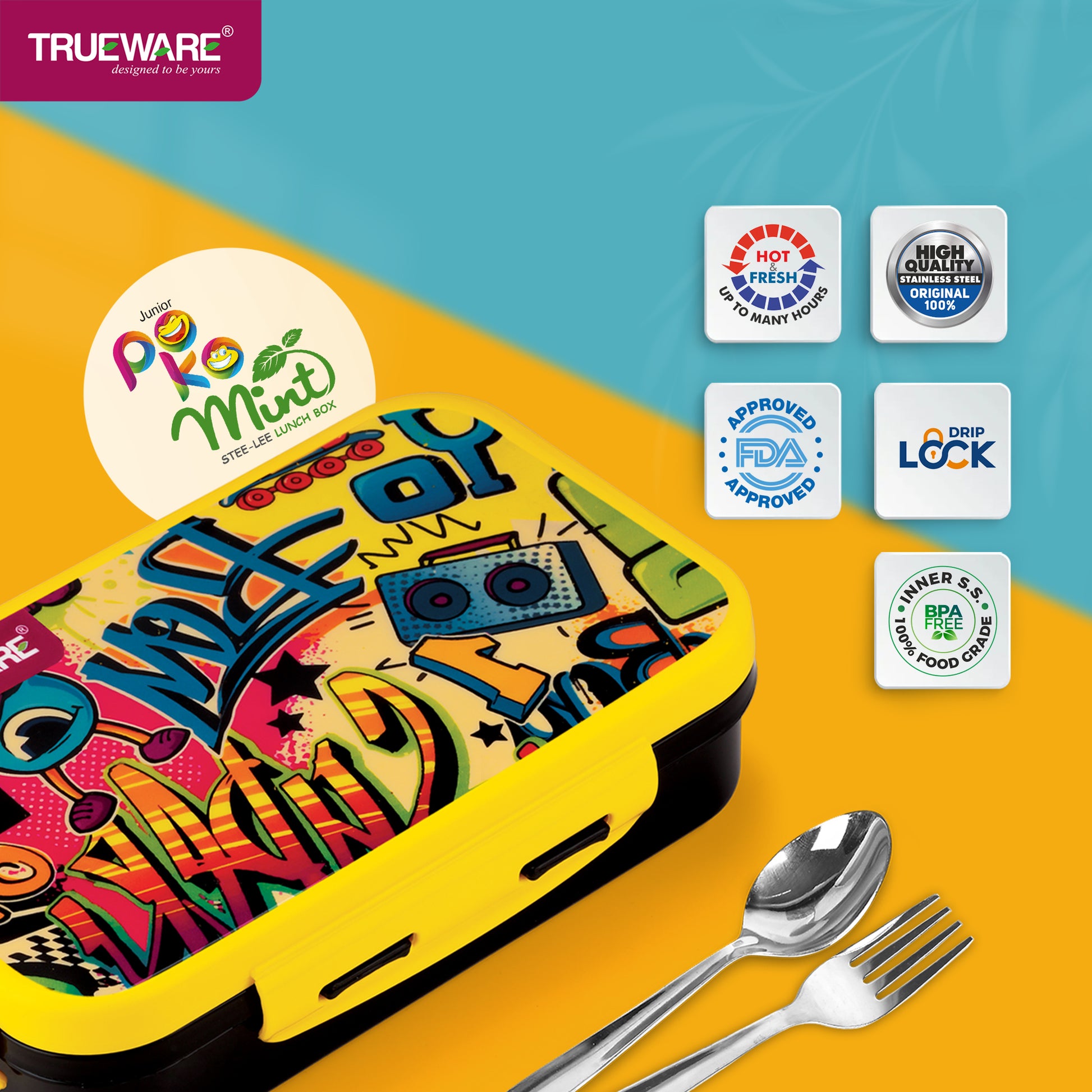 Trueware POKO Mint Junior Steel Lee Pu Insulated Hot Lunch Box 600ML Big Container and 150 ML Veggie Container