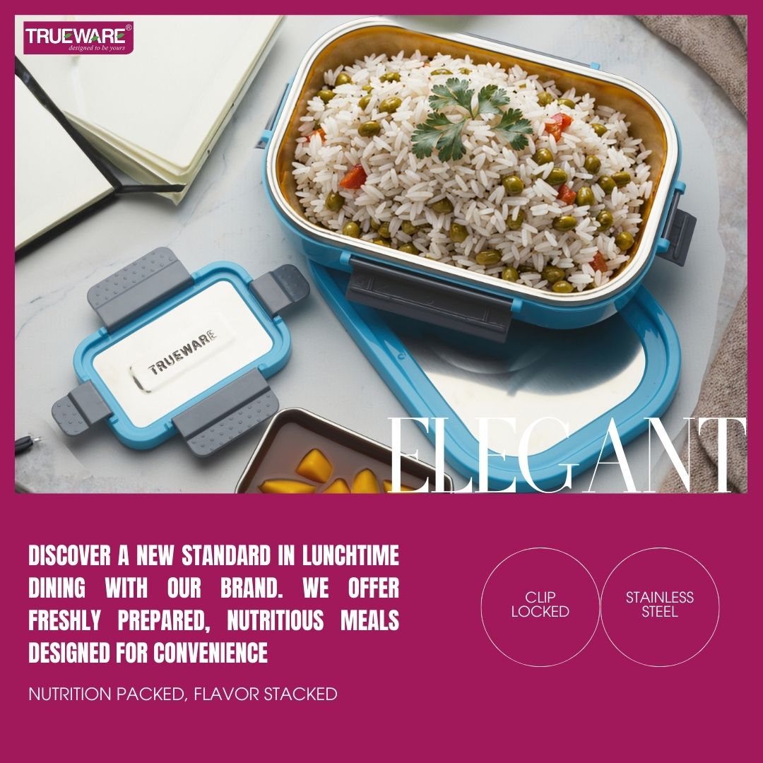 Trueware Clip Flip Lunch Box Inner Steel Outer Plastic Big Container 1000ml & Veggie Container 200ml