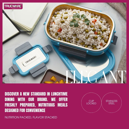 Trueware Clip Flip Lunch Box Inner Steel Outer Plastic Big Container 1000ml & Veggie Container 200ml