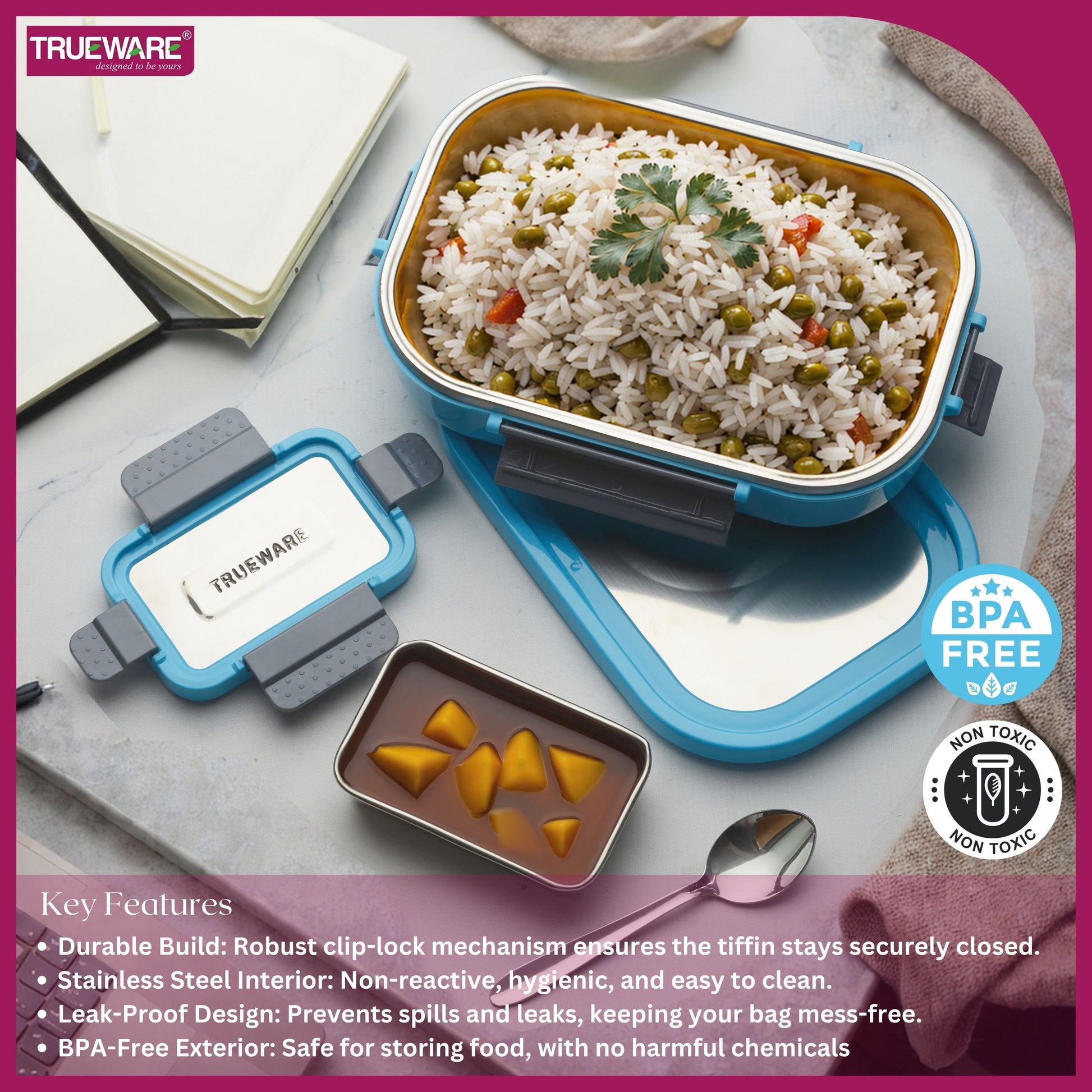 Trueware Clip Flip Lunch Box Inner Steel Outer Plastic Big Container 1000ml & Veggie Container 200ml