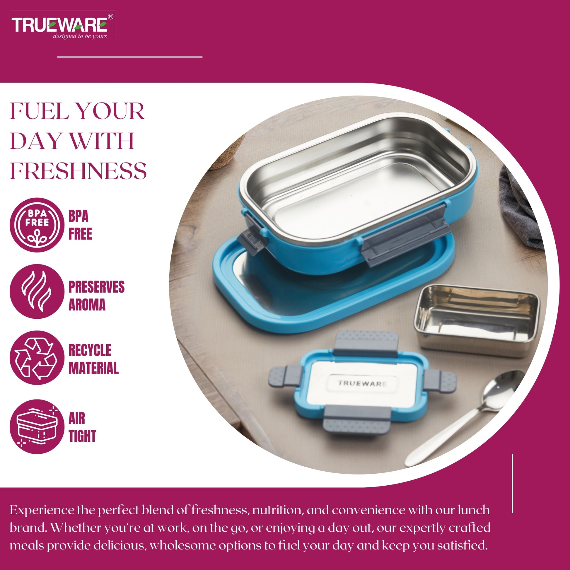 Trueware Clip Flip Lunch Box Inner Steel Outer Plastic Big Container 1000ml & Veggie Container 200ml