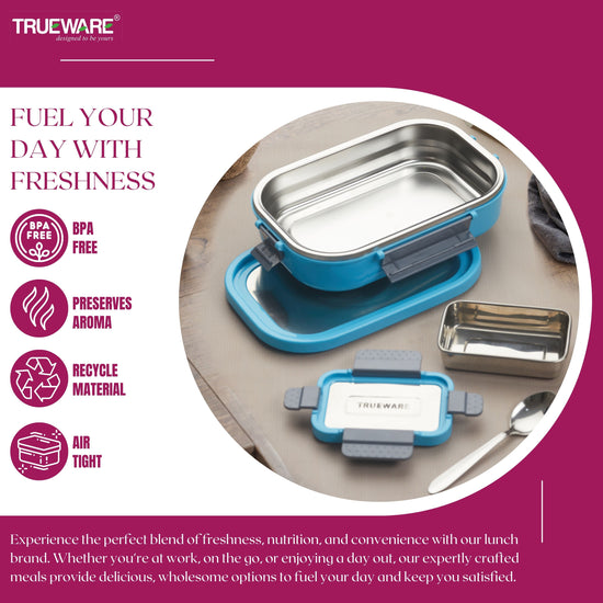 Trueware Clip Flip Lunch Box Inner Steel Outer Plastic Big Container 1000ml & Veggie Container 200ml