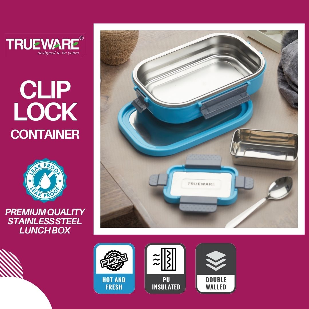 Trueware Clip Flip Lunch Box Inner Steel Outer Plastic Big Container 1000ml & Veggie Container 200ml