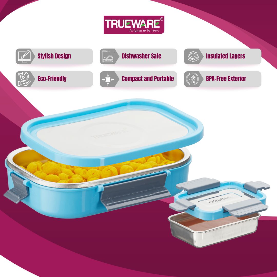 Trueware Clip Flip Lunch Box Inner Steel Outer Plastic Big Container 1000ml & Veggie Container 200ml