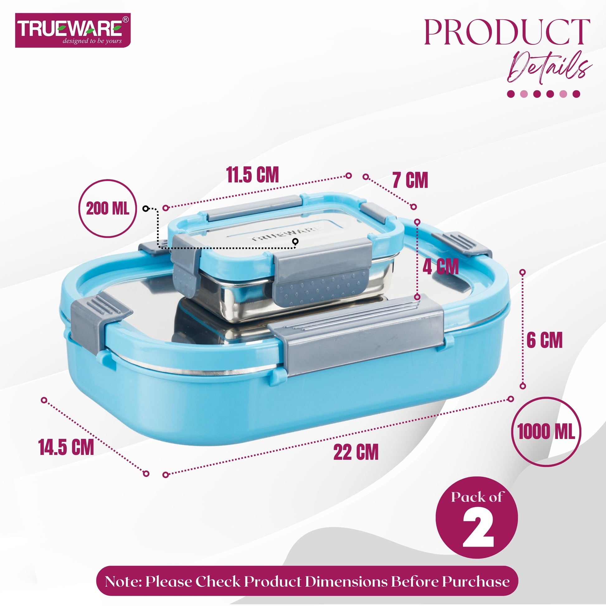 Trueware Clip Flip Lunch Box Inner Steel Outer Plastic Big Container 1000ml & Veggie Container 200ml