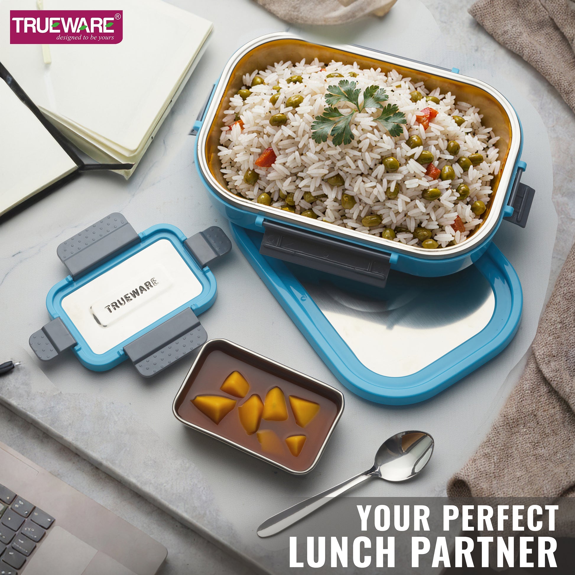 Trueware Clip Flip Lunch Box Inner Steel Outer Plastic Big Container 1000ml & Veggie Container 200ml