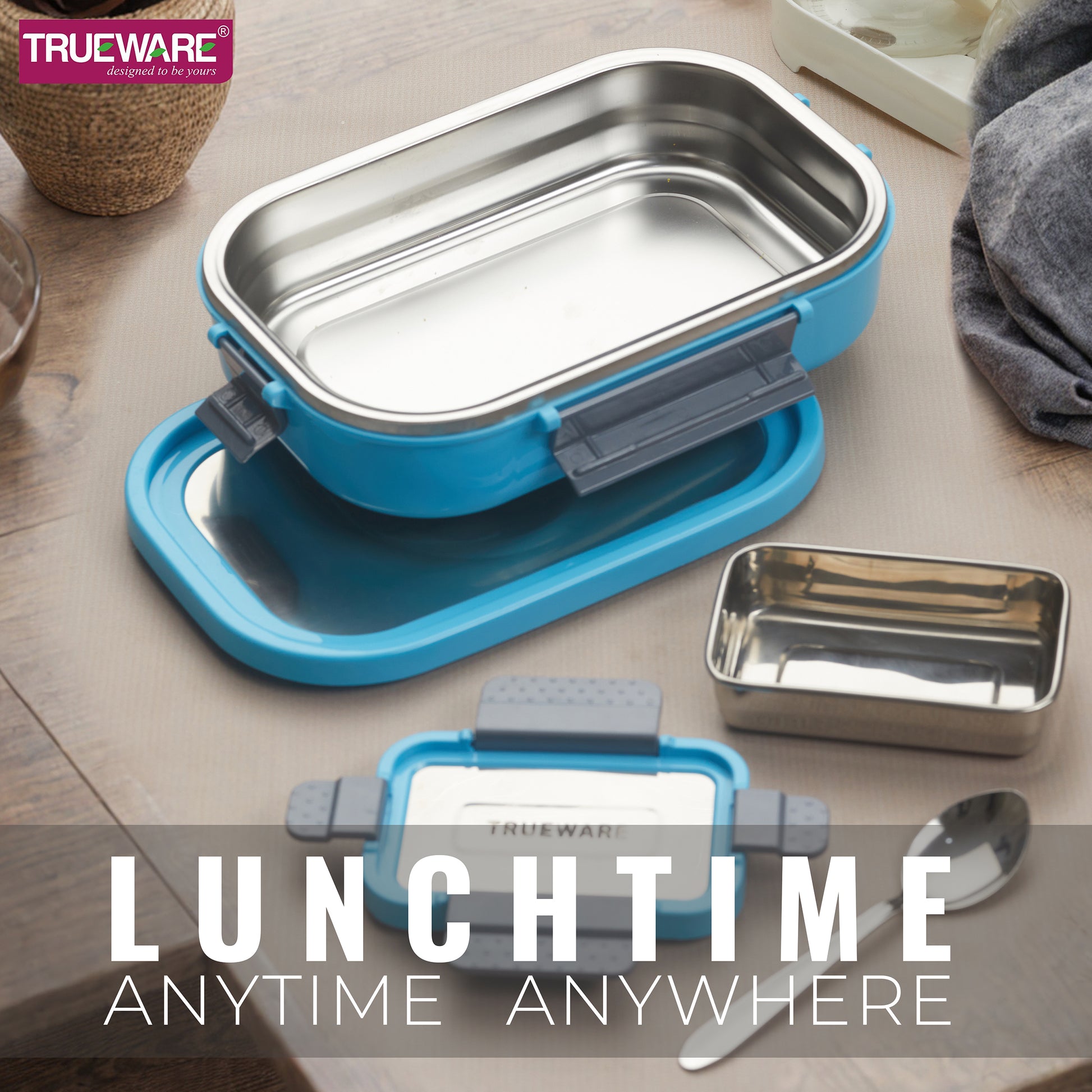 Trueware Clip Flip Lunch Box Inner Steel Outer Plastic Big Container 1000ml & Veggie Container 200ml