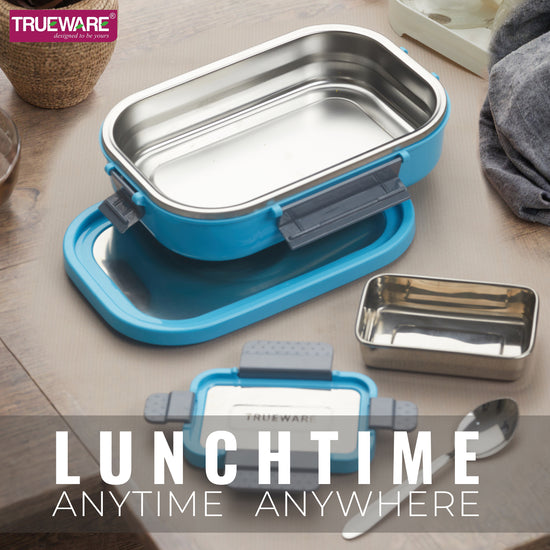 Trueware Clip Flip Lunch Box Inner Steel Outer Plastic Big Container 1000ml & Veggie Container 200ml
