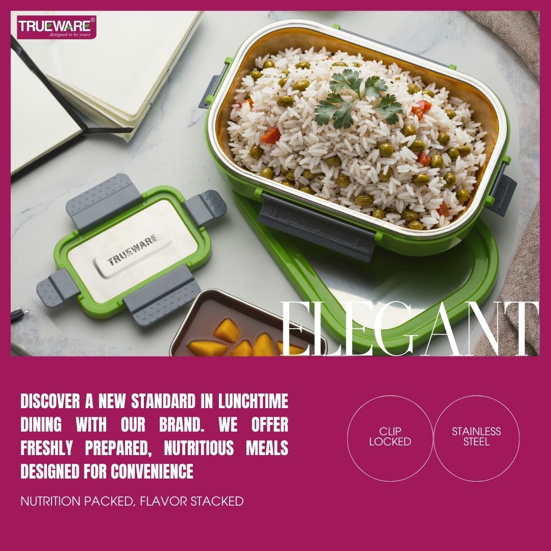 Trueware Clip Flip Lunch Box Inner Steel Outer Plastic Big Container 1000ml & Veggie Container 200ml