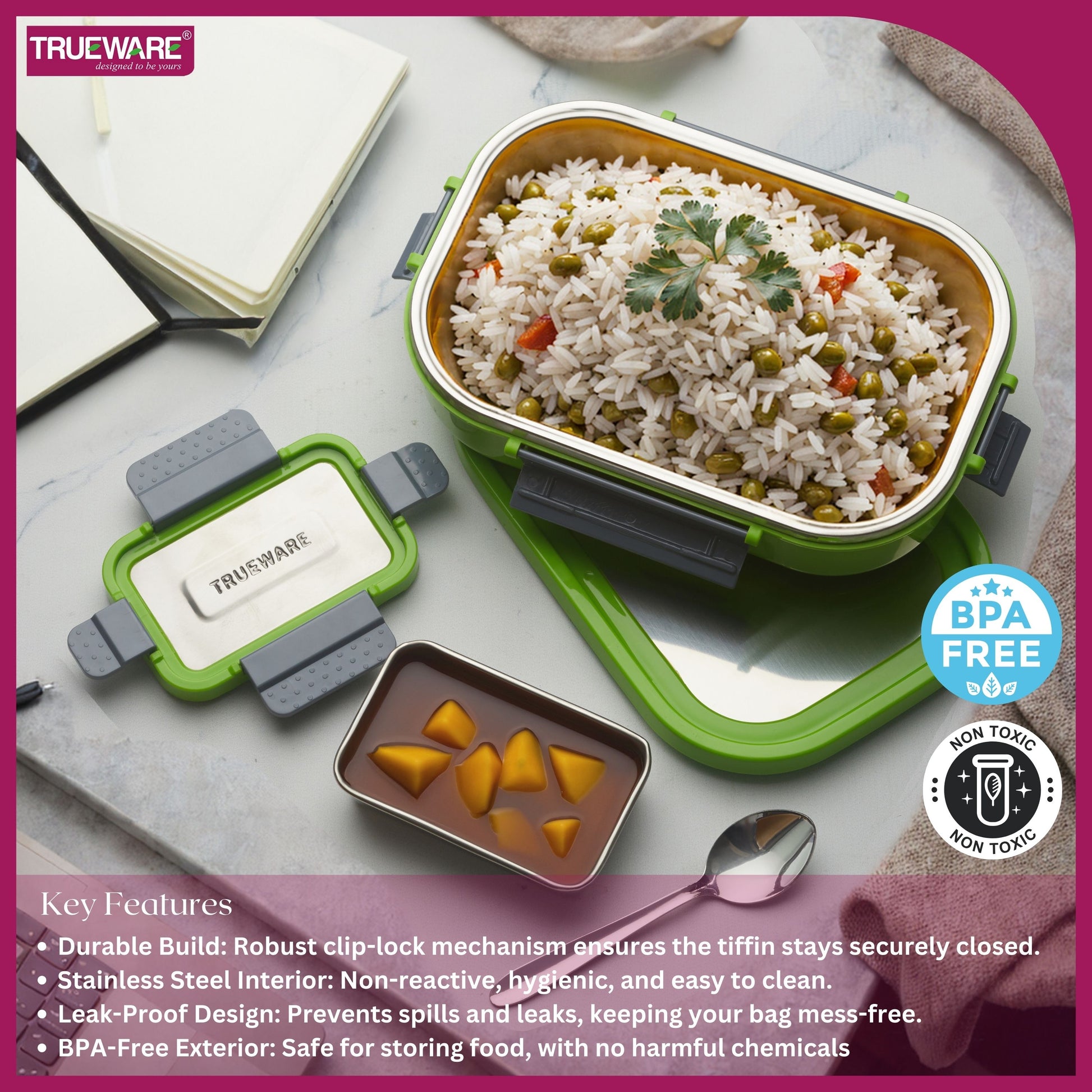 Trueware Clip Flip Lunch Box Inner Steel Outer Plastic Big Container 1000ml & Veggie Container 200ml