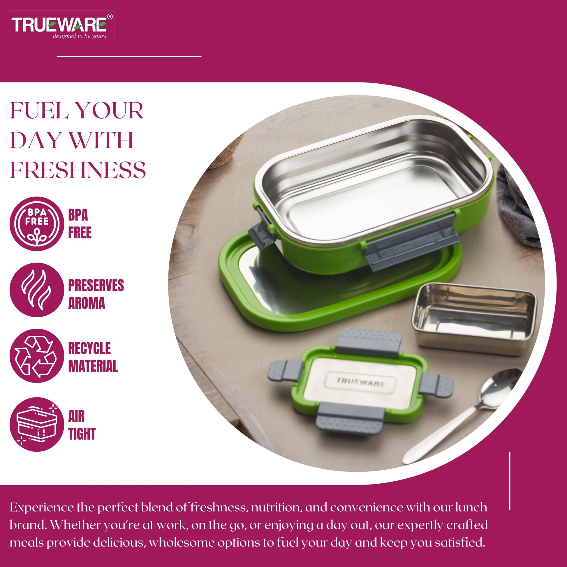 Trueware Clip Flip Lunch Box Inner Steel Outer Plastic Big Container 1000ml & Veggie Container 200ml