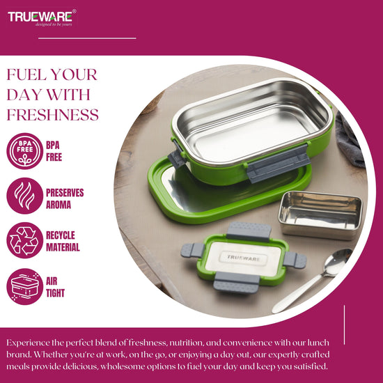 Trueware Clip Flip Lunch Box Inner Steel Outer Plastic Big Container 1000ml & Veggie Container 200ml