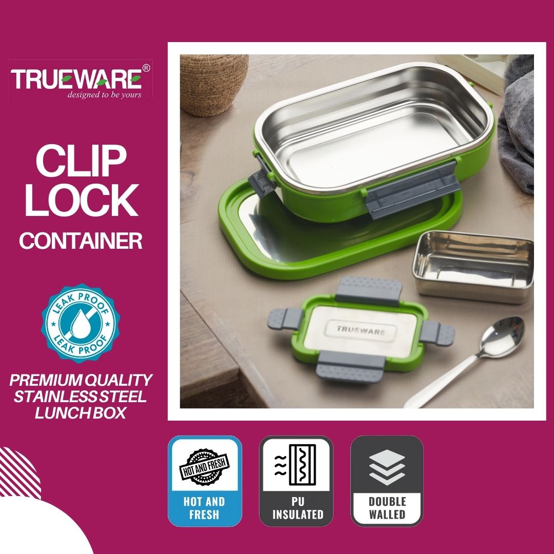 Trueware Clip Flip Lunch Box Inner Steel Outer Plastic Big Container 1000ml & Veggie Container 200ml