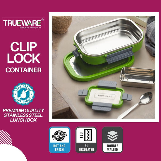 Trueware Clip Flip Lunch Box Inner Steel Outer Plastic Big Container 1000ml & Veggie Container 200ml