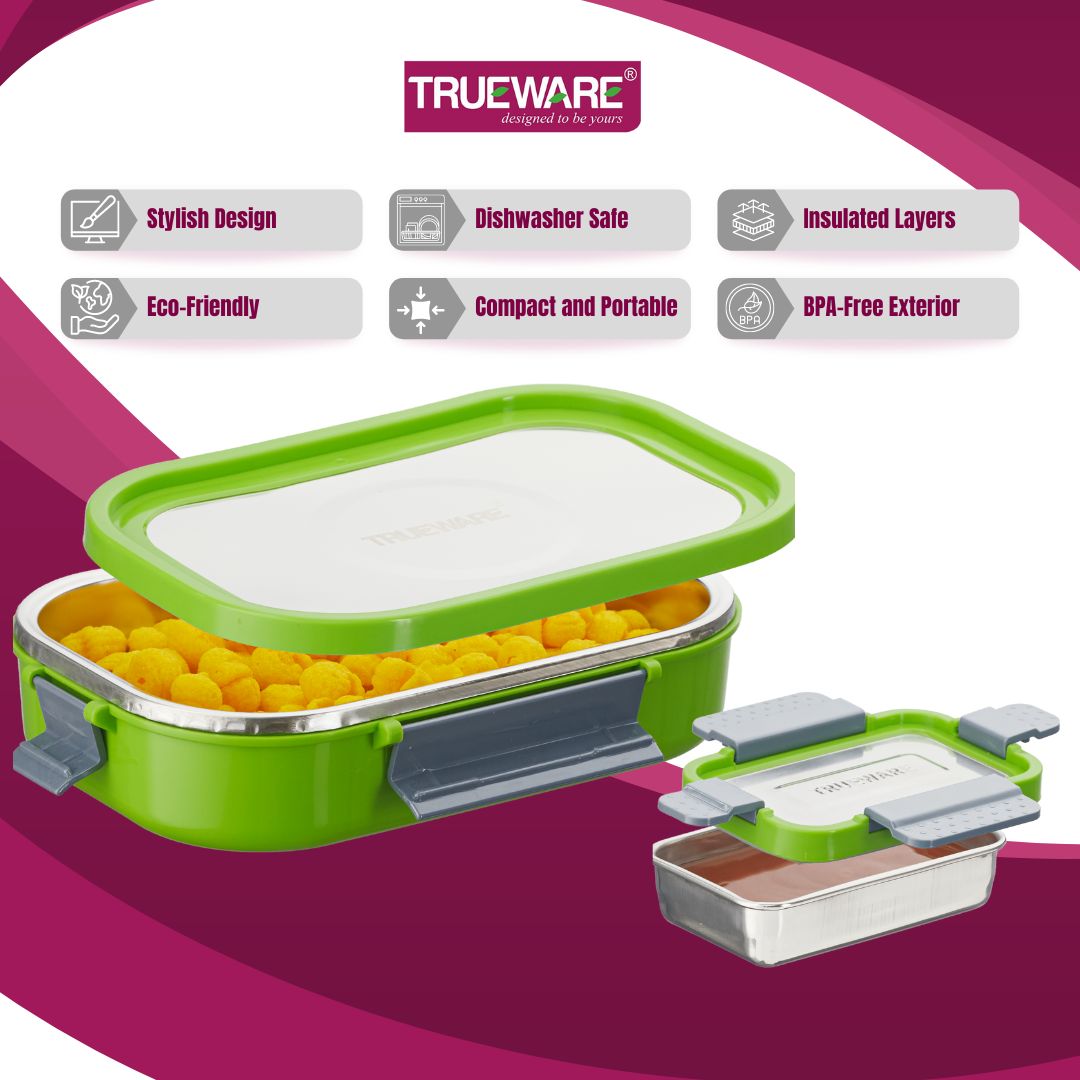 Trueware Clip Flip Lunch Box Inner Steel Outer Plastic Big Container 1000ml & Veggie Container 200ml